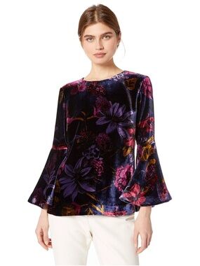 Trina Turk Velvet Floral Bell-Sleeve Top in Purple/Pink Floral